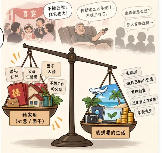 天平一边是家庭开支，一边是孩子想要的生活