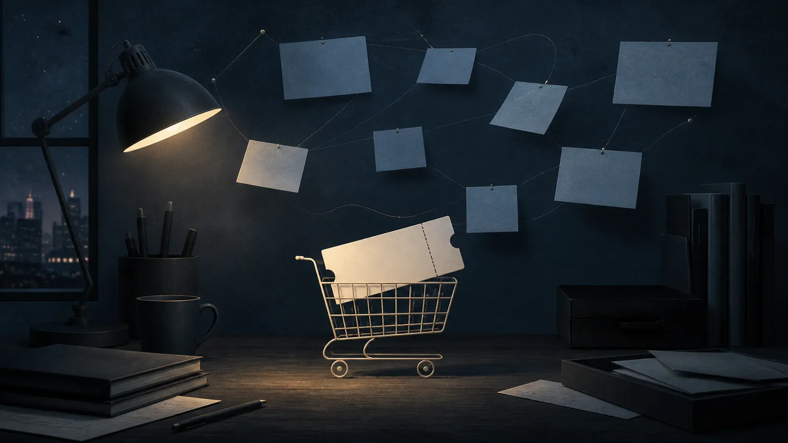 An unopened ticket in a shopping cart beneath blank task cards on a dim desk